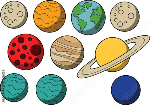 Cartoon solar system planets set, colorful illustration of Earth Saturn and space objects, astronomy education, science infographic concept