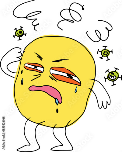 A funny, tortured yellow character suffers from allergies, allergens, germs, and viruses are flying around, drawn with grunge curves, color drawing