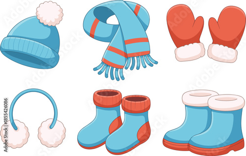 Cartoon winter clothing illustration set with hat scarf mittens earmuffs socks and boots, cozy cold weather accessories isolated on white
