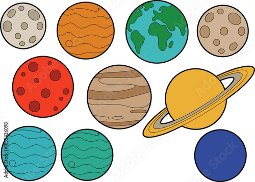 Cartoon solar system planets set, colorful illustration of Earth Saturn and space objects, astronomy education, science infographic concept