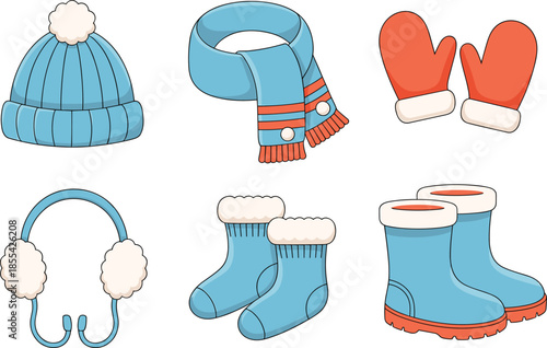 Cartoon winter clothing illustration set with hat scarf mittens earmuffs socks and boots, cozy cold weather accessories isolated on white