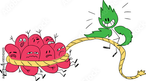 A funny green nettle plant smiles and ties up red blood cells with a rope, drawn with grunge curves, color drawing