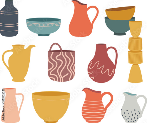 Ceramic pottery and kitchenware illustration set, bowls vases jugs handmade clay objects, flat minimalist design isolated on white