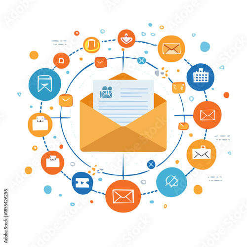 Flat lay illustration of an open envelope with a letter and various email icons surrounding it in a circular pattern on a white background with vibrant orange, blue, and yellow colors.