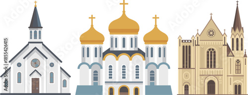 Christian church buildings illustration set featuring catholic, orthodox and protestant architecture styles, religious landmarks, faith, worship, spirituality concept design