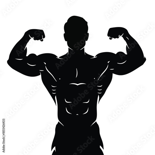 A muscular man in a black cartoon silhouette flexing his arms in a powerful pose against a clean white background.