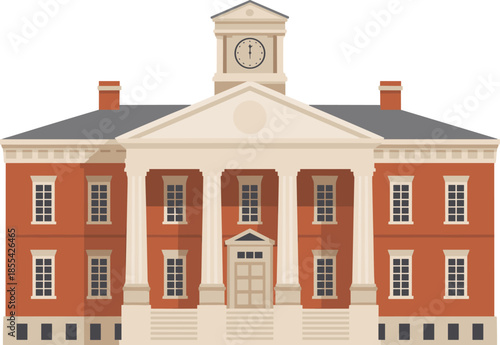 Classic courthouse building illustration with clock tower and columns, government architecture exterior, legal institution, justice concept, civic landmark design