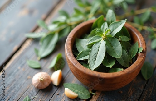 Wallpaper Mural Fresh green bay leaves in wooden bowl with sliced garlic on rustic table. Culinary herbs ready for cooking. Natural ingredients for healthy food preparation and aromatic seasoning. Torontodigital.ca