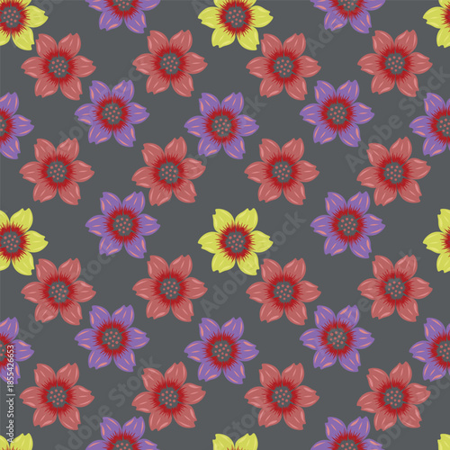 Seamless floral pattern, old fashion folk ornament with flowers branches. Cute botanical design, simple flower print: small hand drawn flowers branches arranged in a diagonal line. Vector pattern.