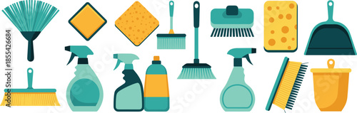 Collection of cleaning tools and supplies including brushes, spray bottles, sponges, dustpan, and detergent, household cleaning equipment illustration set