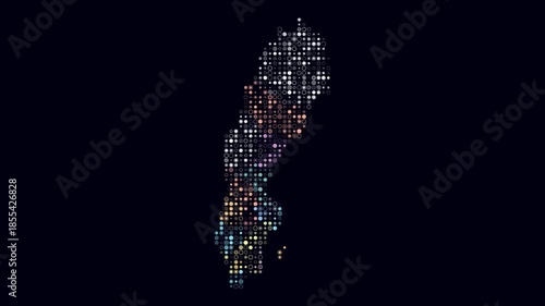 Sweden animated country shape. Pulsating colored dots on the map of the country. Small size circle blocks. Digital style Sweden map on dark background. Amazing animation video.