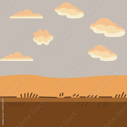 Flat Illustration of Grassy Field with Cloudy Sky