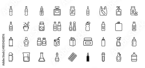 Bottle and container line icon set. Vector pictograms of water, glass jar, medicine, perfume, milk carton, spray, alcohol, and cosmetic packaging thin outline illustration.