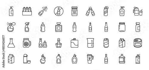 Beverage and liquid packaging icon set. Vector pictograms of bottles, cans, cartons, jars, flasks, spray, soap, perfume, and coffee, black thin outline illustration.
