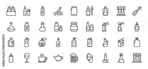 Beverage and liquid container line icon set. Vector pictograms of bottles, jars, cans, spray, juice, wine, coffee, beer, and lab equipment, thin outline illustration.