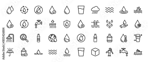 Water and liquid line icon set. Vector pictograms of drops, faucet, bottle, rain, shower, pump, glass, ice, and swimming pool, thin outline illustration.
