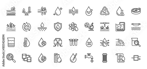 Water treatment line icon set. Vector pictograms of filtration, purification, drainage, soil moisture, testing, and plumbing, thin outline illustration.