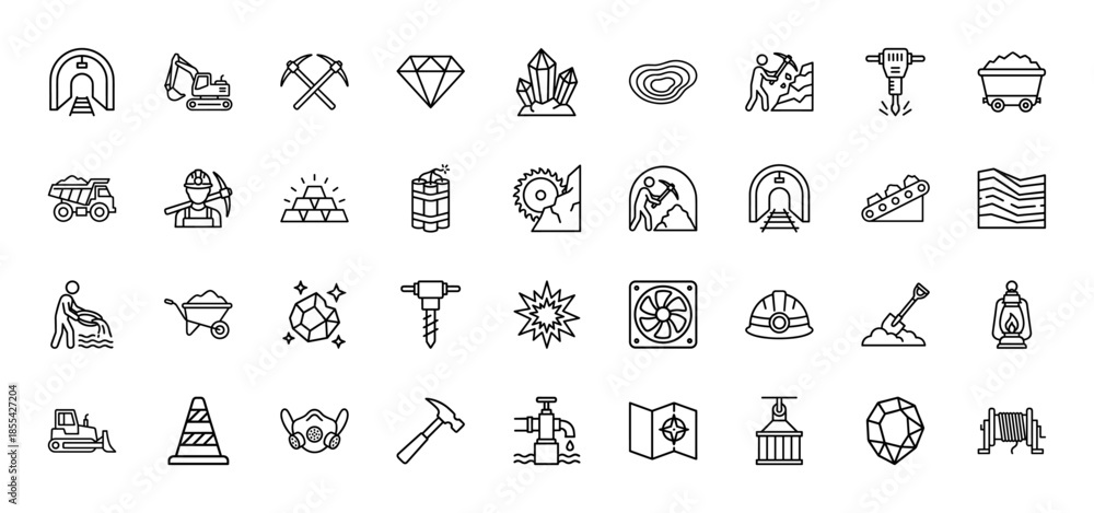 Fototapeta premium Mining and mineral extraction icon set. Vector pictograms of excavator, diamonds, gold, coal, dynamite, tunnel, helmet, shovel, and machinery, thin outline illustration.