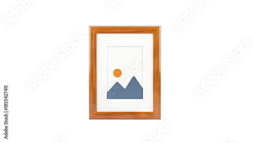 3D Wooden Photo Frame with Mountain Landscape Image on transparent background