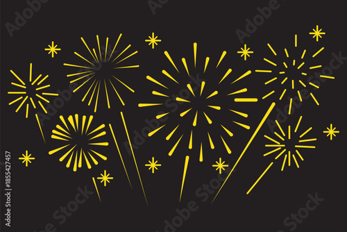 Fireworks black and white simple modern line art flat vector icons isolated on white background, Celebration banner elements design for Christmas, New year, Holiday, Anniversary, Party, Diwali