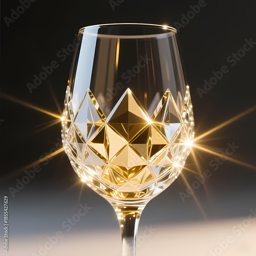 Crystal wine glass highlighted by soft gold light, professional photo style