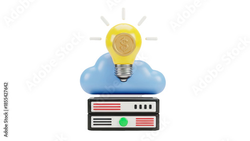 3D Idea Lightbulb with Dollar Sign on Cloud and Servers on transparent background
