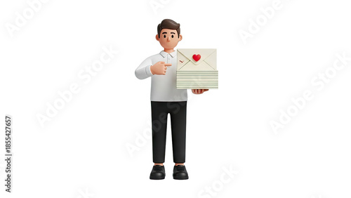 3D Man Holding Stack of Envelopes with Red Heart Icon on transparent background
