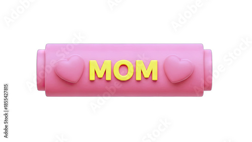 3D Mom text with heart symbols on transparent background