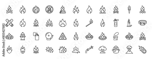 Fire line icon set. Vector pictograms of flame, campfire, torch, lighter, candle, extinguisher, hydrant, smoke, volcano, explosion, thin outline illustration.