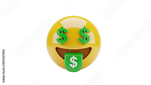 3D Money Face Emoji with Dollar Sign Eyes and Tongue on transparent background