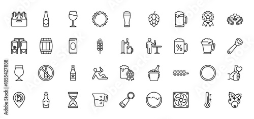 Beer and brewery line icon set. Vector pictograms of hops, mug, bottle, barrel, tap, tank, can, wheat, pint, keg and opener, thin outline illustration.