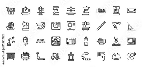 Industrial manufacturing line icon set. Vector pictograms of lathe, robotic arm, conveyor, forklift, gears, drill, motor, factory equipment, thin outline illustration.