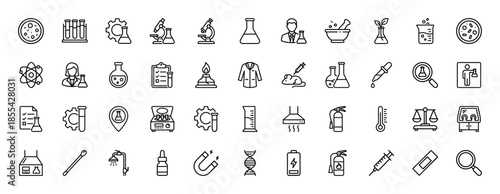 Science laboratory line icon set. Vector pictograms of microscope, test tube, beaker, dna, scientist, atom, flask, dropper and burner, thin outline illustration.