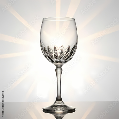 Wine glass with reflective crystal details, golden light rays, clean background
