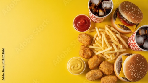 Vibrant Fast Food Illustration Featuring Burgers Fries Nuggets and Drinks on Bright Yellow Background