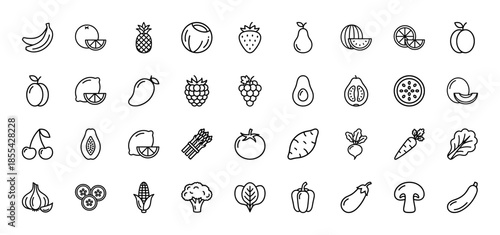 Fruit and vegetable line icon set. Vector pictograms of banana, pineapple, strawberry, grape, avocado, tomato, carrot, corn, broccoli, eggplant, thin outline illustration.