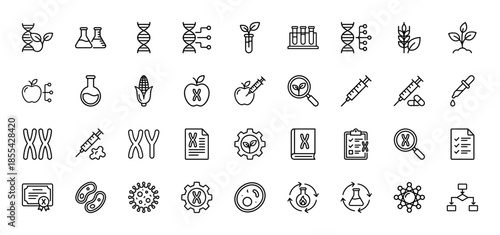 Biotechnology and genetics line icon set. Vector pictograms of DNA, chromosome, test tube, GMO food, syringe, flask, wheat and plant, thin outline illustration.