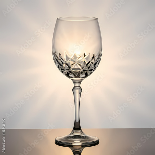 Wine glass with reflective crystal details, golden light rays, clean background