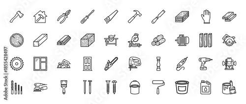 Woodworking and carpentry line icon set. Vector pictograms of hammer, saw, drill, lumber, axe, pliers, paint, chisel, screwdriver and chainsaw, thin outline illustration.
