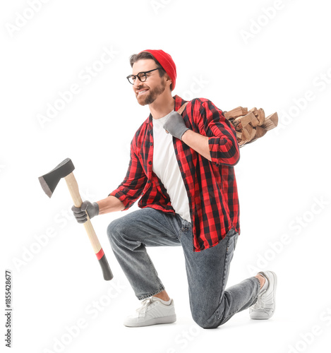 Cuadro en lienzo Handsome lumberjack with ax and firewood on white background