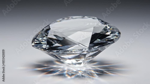 Sparkling brilliant cut diamond on a white surface reflecting light with rainbow hues for luxury, wealth, and high quality concept