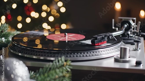 Vintage vinyl record player spinning Christmas music in a cozy, festive room with warm bokeh lights for holiday entertainment concept