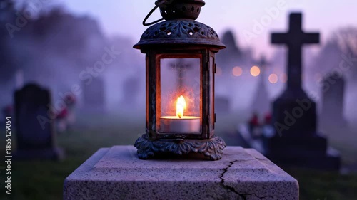Old metal lantern with a lit candle illuminating a foggy cemetery at dusk for remembrance concept and peaceful mourning