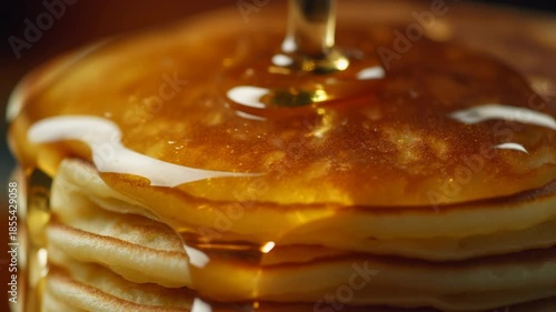 Golden syrup gracefully cascades over a stack of fluffy, warm pancakes, creating a mouth-watering breakfast scene with a sweet, inviting aroma