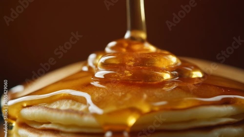 Golden honey generously cascading over a stack of delicious, fluffy pancakes in a close-up shot