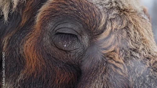 Macro shot of a wild bison's eye, with textured fur and snow, in a cold winter setting for nature resilience concept