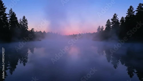 Serene misty lake reflects dark pine forest at vibrant dawn or twilight for a peaceful nature concept and atmospheric wilderness scene