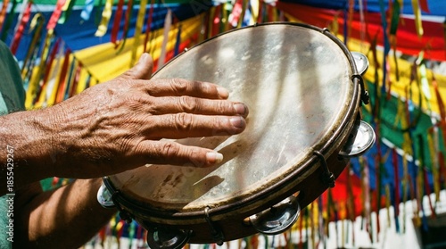 Older person's hand playing a traditional pandeiro or tambourine under vibrant colorful flags for a festive Brazilian culture concept and joyful celebration
