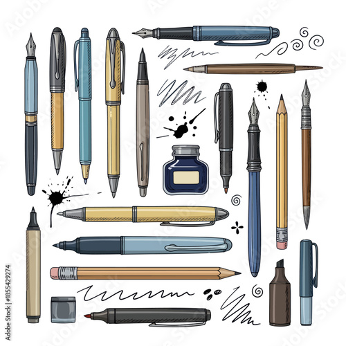 Collection of Various Pens and Ink Artistic Writing Tools.