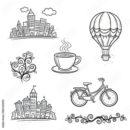 Collection of whimsical cityscapes hot air balloon bicycle and coffee cup sketches.